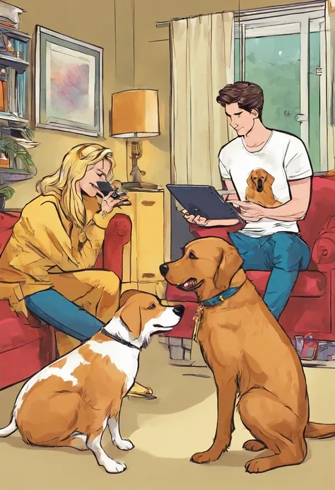 Make a Golden Retriever by talking to a Doberman, The two dogs have cell phones in their hands