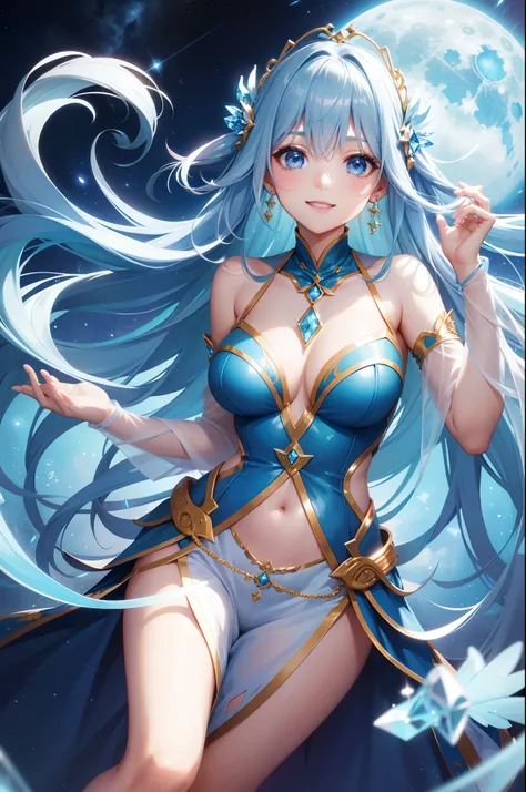 Pretty girl、A charming smile、Blue Long Hair、Engaging pose、Blue and white costume、Fantasia、Crystal jade、constellation、a moon、Fantastic background