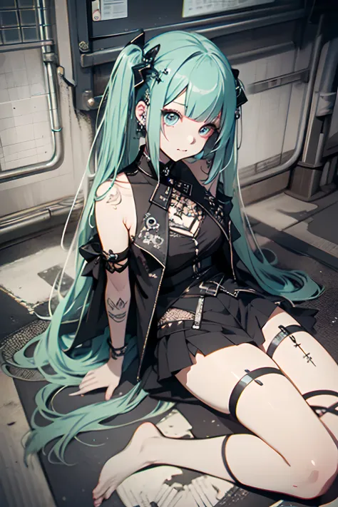 Green hair、miku hatsune、Twin-tailed、piercings、耳Nipple Ring、The tattoo、goth_punk, 1girl in, 独奏,、top-quality, Photorealistic, An ultra-fine illustrations, beautiful attractive anime girl, miku hatsune, Slender body, Tied hair, one girls, a photo of girl, Ful...