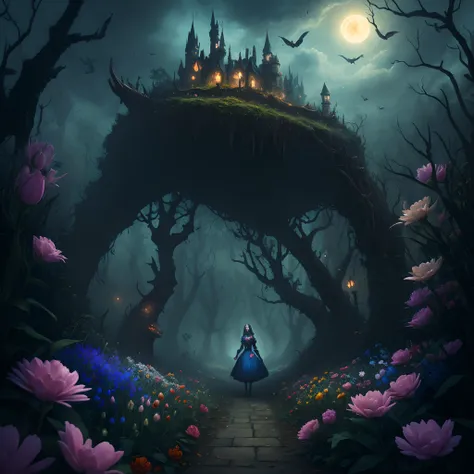 A digital painting of Alice in a dark and twisted version of Wonderland, filled with eerie creatures and a menacing atmosphere. Eye of flowers by mb hyder, in the style of photorealistic sürrealism, atmospheric imagery, digital manipülation, warm color pal...