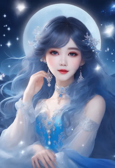 Pretty girl、A charming smile、Blue Long Hair、Engaging pose、Blue and white costume、Fantasia、Crystal jade、constellation、a moon、Fantastic background