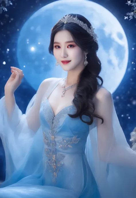 Pretty girl、A charming smile、Blue Long Hair、Engaging pose、Blue and white costume、Fantasia、Crystal jade、constellation、a moon、Fantastic background