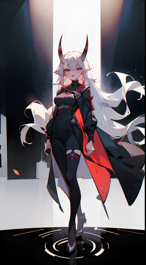 1oni woman adult with 40s,serious face,open mouth(((woman face))),elegant black outfit,white hair,long hair,blue eyes,oni horns,...