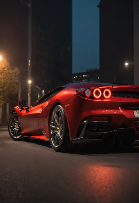 Detailed raw HD photo medium-distance photo of a (ferrari) with a big spoiler, showroom, parked in a parcade (darkly lit, dimly lit, discreet) grunge , menacing urban environment, metal tubes, concreating, decay, micro-details, hyperdetailed, raytracing, r...