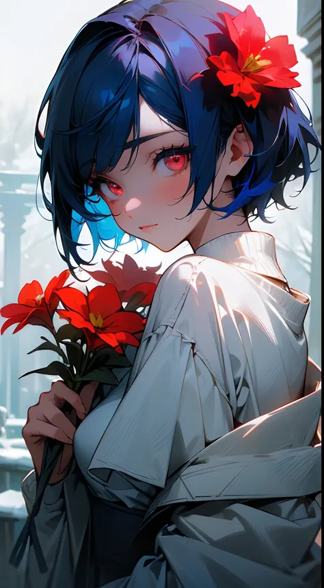 (((masterpiece, gorgeous))), best quality, a girl holding a red flower, holding flower, cute girl ,gorgeous red flower, (blue hair),cute, black sweater, close up,short hair, red eyes,  sensual, (glowing eyes), asthetic,style, stylish, happy,innocent, night...