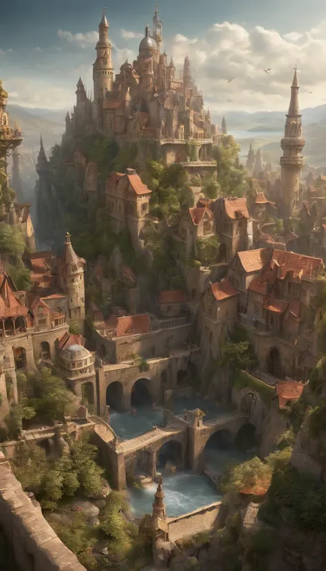 Fantasy Art, ultra wide-shot, birds eye veiw, Painting, Detailed , deviantart, contest winner, Concept art, , tim hildebrandt, Fantasy, ((((Steampunk City)))) , , Day time , , fantastic realism, art  stations ,, Style of Adrianus Eversen ,Not aesthetic arc...