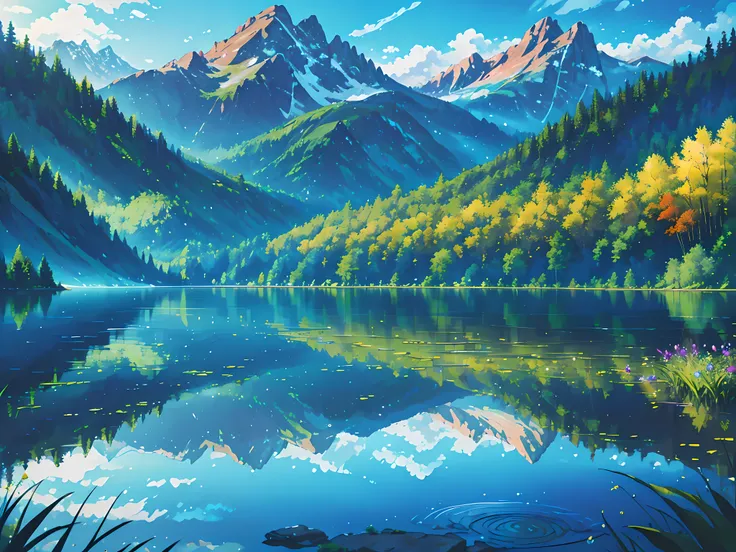 (reflective lake, serene, magnificent landscape), (painting, highres), details of water ripples, lush greenery, vibrant flowers, towering mountains in the background, soft sunlight streaming through the trees, peaceful atmosphere, surreal colors, stunning ...