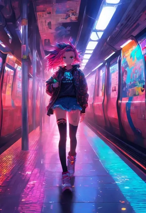 full-body, cheerful, a girl with a punk style, London underground, 720p, neon