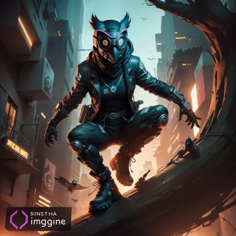 A cyberpunk ninja wearing an owl mask jumping from the top of a tree.