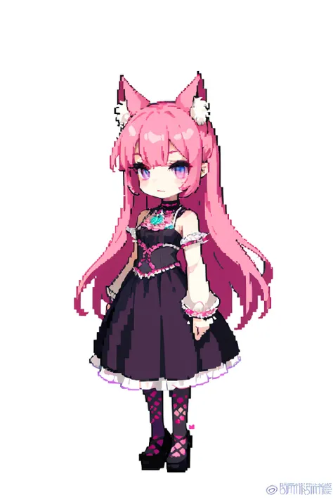 (masterpiece, top quality, best quality), pixel,pixel art,1girl, pink long hair, violet eyes, neko pink ears, red marks in face, sfw, Gothic clothing, black clothes with ornaments, full body, pink cat ears