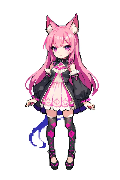 (masterpiece, top quality, best quality), pixel,pixel art,1girl, pink long hair, violet eyes, neko pink ears, red marks in face, sfw, Gothic clothing, black clothes with ornaments, full body, pink cat ears