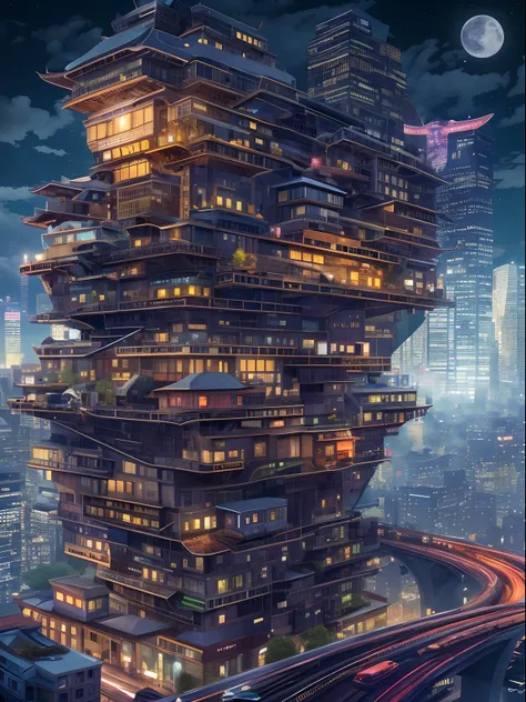 Very large flying ship、Lots of clouds,Beautiful fog,starrysky、Moon,Chaotic city of the future、Movie dystopia、A group of very tall skyscrapers stands in the center、Very complex cityscape,Crowded Chinese skyscrapers、street signs、streetlights、taxis、buses、Trai...