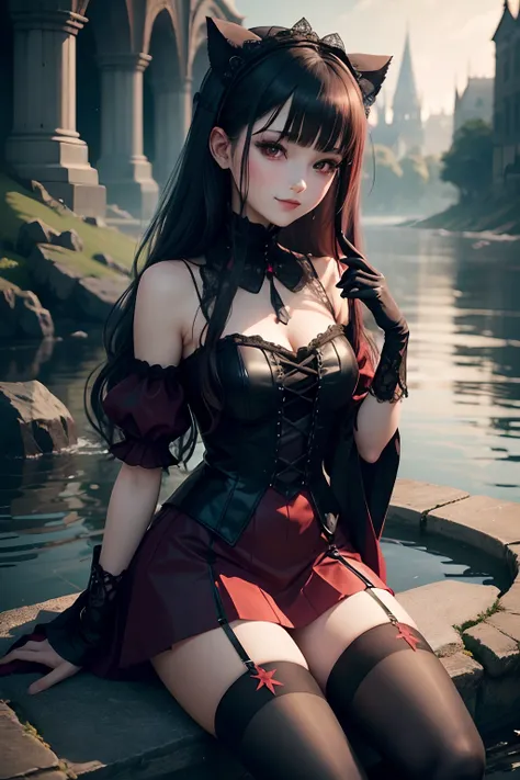 Red mesh、Dark Gothic Makeup、Gothic lolita、gotik、18year old、boredom、garterbelts、knee high socks、A slight smil、A sexy、Glamour、shadings、bell sleeves、Wizard Sleeve、wretched、Beautie、Brick construction、On the banks of the river in the deep night、Mystical、glamoro...