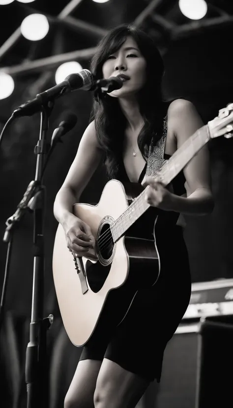 completely naked Japanese actress playing guitar,peerless beauty,stage at Fuji Rock Festival,sunny day,shiny skin,realistic nipples