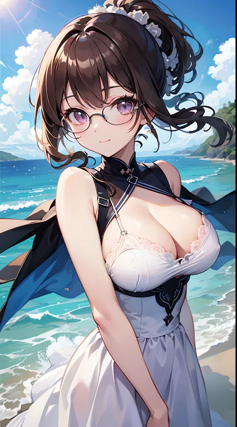 ((masterpiece)), ((best quality)), (ultra-detailed), ((kawaii)), cute, (lovely), ((extremely detailed)), 4K, (8K), best quality, (beautiful), anime style, upper body, focus on the face, ocean, seaside, beautiful sky, morning, a cute girl, 1girl, solo, one-...