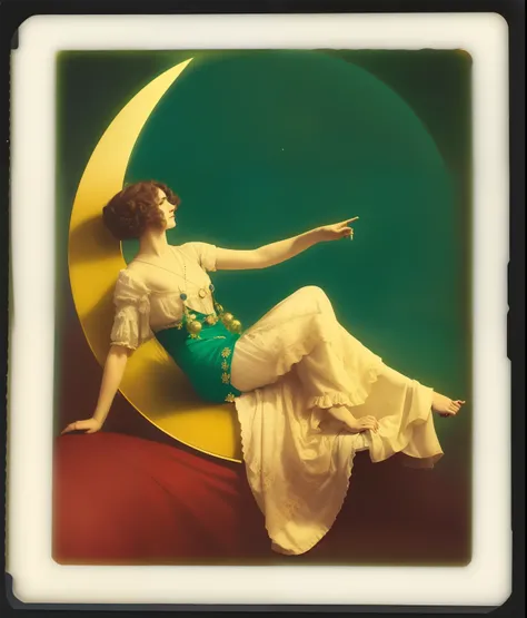 arafed woman sitting on a crescent with her arms outstretched, 1 9 1 0 s photography, 1900s photography, moon goddess, 1 8 9 0 s photography, 1910 polaroid photo, 1 9 1 0 polaroid photo, 1 9 0 0 s photography, 1900s photography, art nouveau fashion photogr...