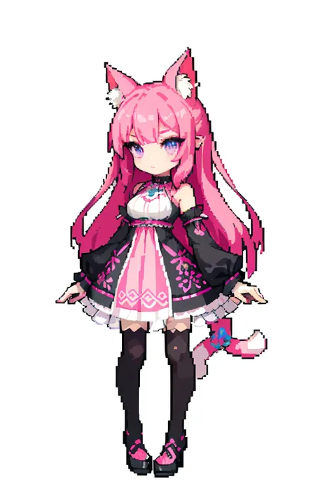 (masterpiece, top quality, best quality), pixel,pixel art,1girl, pink long hair, violet eyes, neko pink ears, red marks in face, sfw, Gothic clothing, black clothes with ornaments, full body, pink cat ears