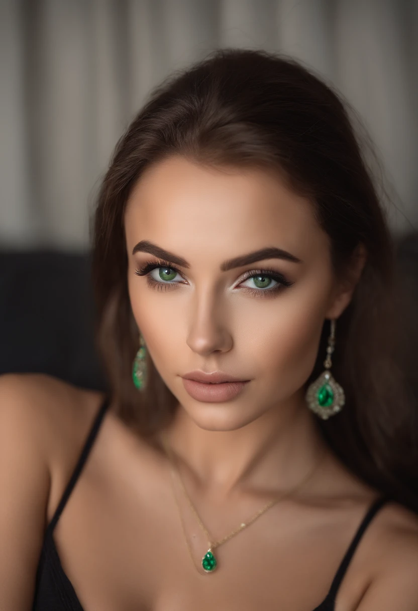 Arafed woman with white tank top and necklace, Sexy girl with green eyes, portrait sophie mudd, brown hair and big eyes, Selfie einer jungen Frau, Augen im Schlafzimmer, Violet Myers, ohne Make-up, Natural makeup, Blick direkt in die Kamera, Gesicht mit Ar...