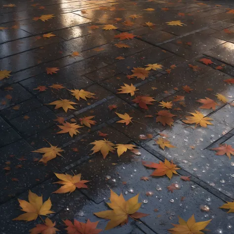 (best quality,4k,8k,highres,masterpiece:1.2),ultra-detailed,(realistic,photorealistic,photo-realistic:1.37),rain falling down on flooded sidewalk,autumn leaves on pavement,beautifully animated loop,anime art,water reflections,crisp details,moisture-drenche...