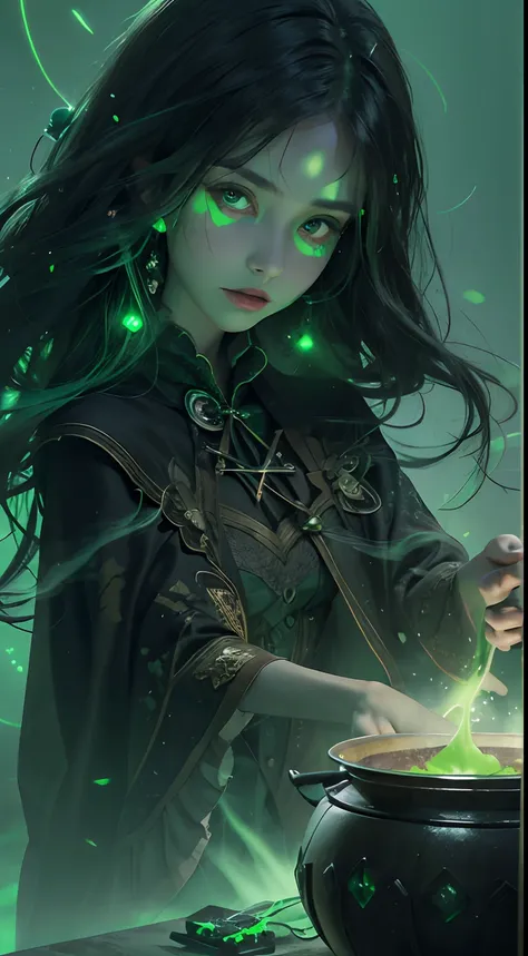 1 beautiful witch, intricate and beautiful design, black hair, highly detailed face, triangular face, natural makeup, green eyes, shiny lips, (making poison with cauldron and green smoke, green lights, green glowing particles, green spacial effects, at nig...