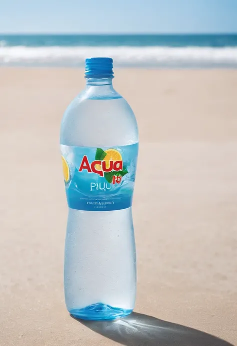 Bottle of water with the brand Acqua Piú on a beach