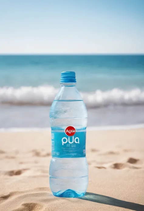 Bottle of water with the brand Acqua Piú on a beach