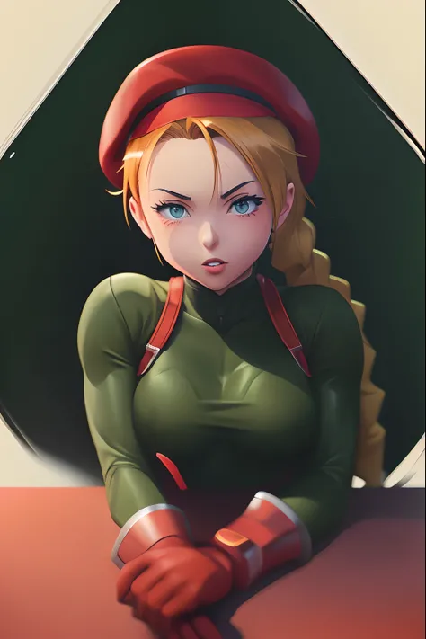 Chica anime con guantes rojos y top verde sentada en una mesa, Cammy, Fanart de alta calidad, Artgerm extremadamente detallado, Estilo Artgerm, realistic anime artstyle, Ilya Kuvshinov. 4 mil, digital anime illustration, Retrato de Artgerm, Arte detallado ...