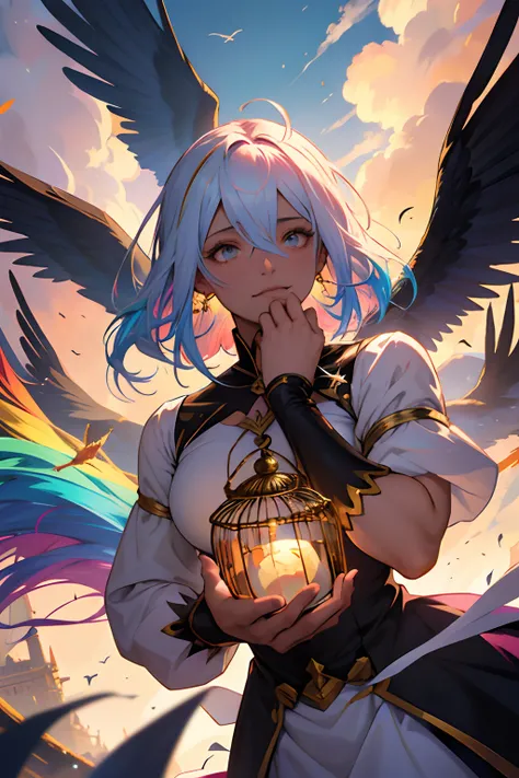 A group of 5 magical girls (Grupo Mahou Shoujo) flying together around a round and golden bird cage where a beautiful bird is trapped and a chaotic and multicolored sky in the background and over them evil eyes of a chaotic and multicolored witch, perfect ...