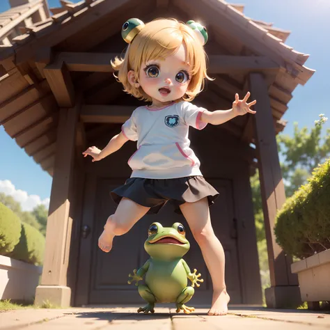 Best Quality), (masutepiece), Charming chibi animation of cute baby with frog-like face, (Chibi 3D): 1.3, (A detailed face:1.2), (Standing posture:1.1), Bright blue sky of morning sun,Jumping