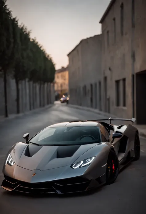 Detailed raw HD photo medium-distance photo of a (Lamborghini hypercar) , showroom, parked in a parcade (darkly lit, dimly lit, discreet) grunge , menacing urban environment, metal tubes, concreating, decay, micro-details, hyperdetailed, raytracing, realis...