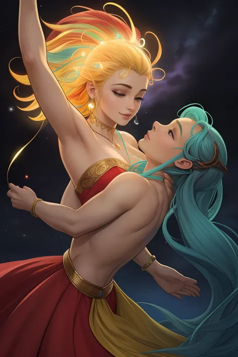 master part, Aquarela: A passionate dance between two elongated miniature bells (semelhante a Elodie Guipaud e Celina Ralph) em um galho de um carvalho, dew droplets, illuminated by a single glowing firefly. atmosfera de conto de fadas. macio, Tenro. Bokeh...