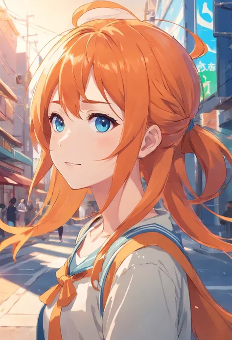 Orange hair, blue eyes, cheerful, idol, girl, side ponytail