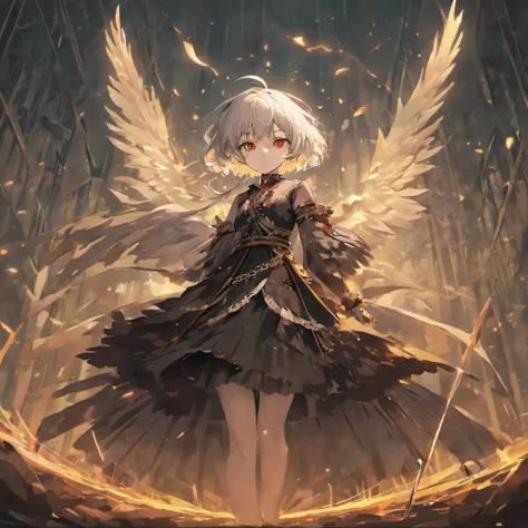 white hair, blunt bangs, short hair, yellow eyes, anime, anime style, chiaroscuro, UHD, anatomically correct, textured skin, high details, super detail, best quality, high quality，Gorgeous long black dress（Gothololita style），The sword of golden flame is in...