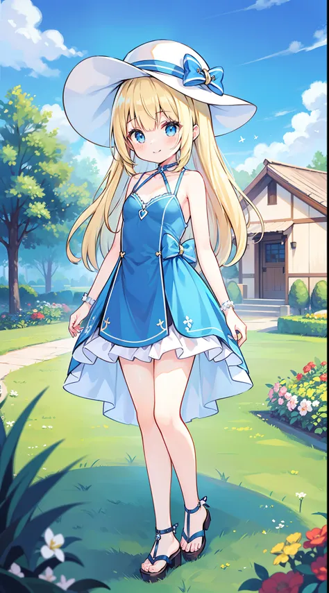 1 girl, loli, small breasts, light skin, blue eyes, blonde hair, long spiky hair, anime style, small sleeveless clear blue dress, smile, sandals, sun hat, garden, clear sky, Kawaii, full body, detailed face, detailed eyes, detailed body, glistering body, s...