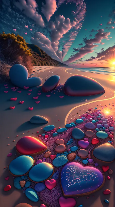 Exquisite scenes，depth of fields，8K，Blue sky，Red clouds，The sun shines on the beach，There are many small colorful stones on the beach，Heart of Love