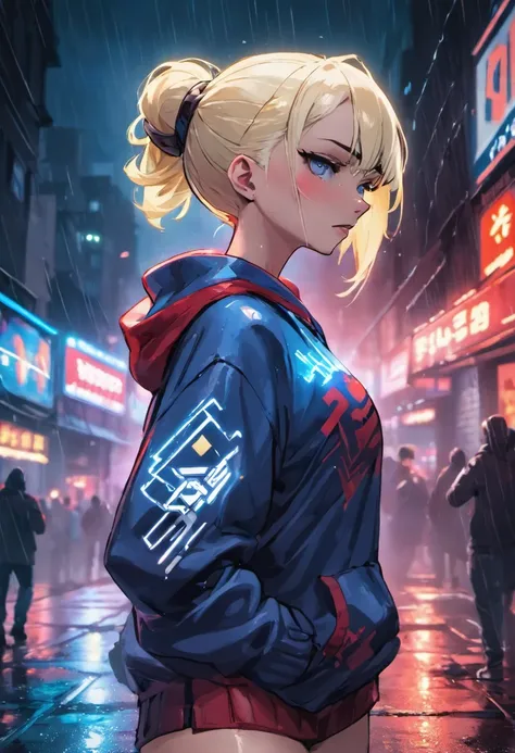 Nahaufnahme Fotografie, Confident young cyberpunk woman with blonde and white hair in a bun, Einen Kapuzenpullover mit roten und blauen Motiven tragen, in a rain-soaked street at night, fotorealistisch, Filmische Beleuchtung