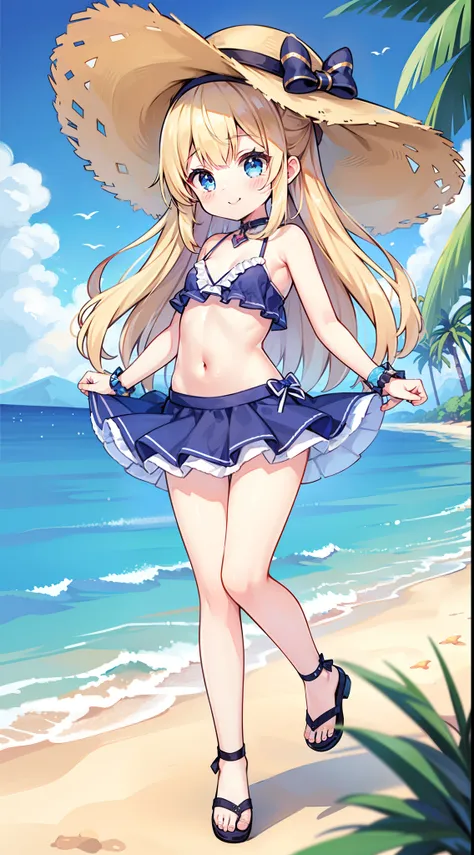 1 girl, loli, small breasts, light skin, blue eyes, blonde hair, long spiky hair, anime style, blue frilly bikini, swim skirt, smile, sandals, sun hat, beach, sea, clear sky, Kawaii, full body, detailed face, detailed eyes, detailed body, glistering body, ...