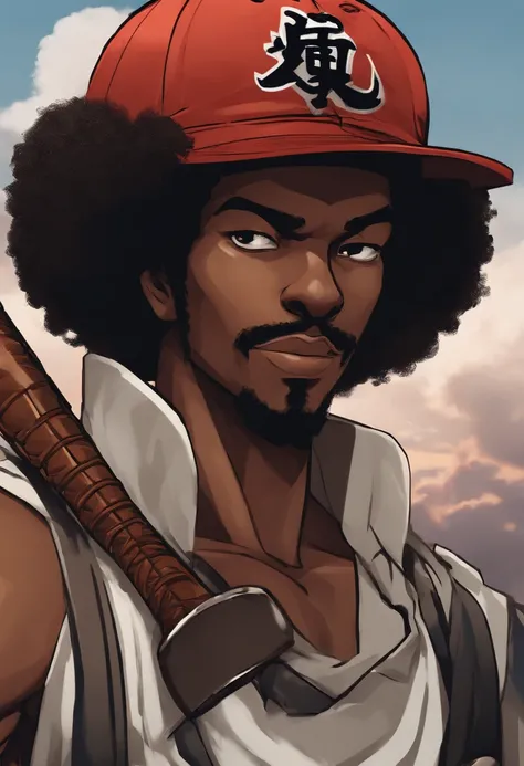 anime character with a baseball cap and a baseball glove, afro samurai style, afro samurai anime style, afro samurai animes style, great character design, interesting character design, highly detailed exquisite fanart, inspired by Jamie Hewlett, high quali...