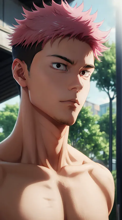 itadori_yuuji, pink hair, undercut, masterpiece, best quality, high quality, 1boy, solo, male focus, looking at viewer, upper body