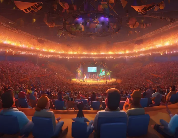 Imagine a rock concert seen from the audiences point of view. The characters and setting are meticulously designed in the Disney Pixar Dreamworks 3D style, creating an animated film atmosphere reminiscent of Disney, Pixar and Dreamworks.