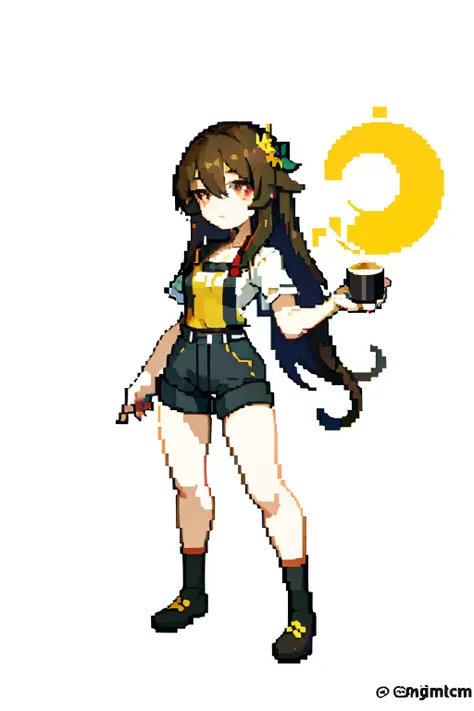 (masterpiece, top quality, best quality), pixel,pixel art,1girl,full body, long brown hair, red eyes with yellow, black clothes with coffee