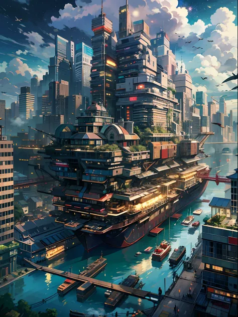 Very large flying ship、Lots of clouds,heavy fog、starrysky、Moon,Chaotic city of the future、Movie dystopia、A group of very tall skyscrapers stands in the center、Very complex cityscape,Crowded Chinese skyscrapers、street signs、streetlights、taxis、buses、Train、Pr...