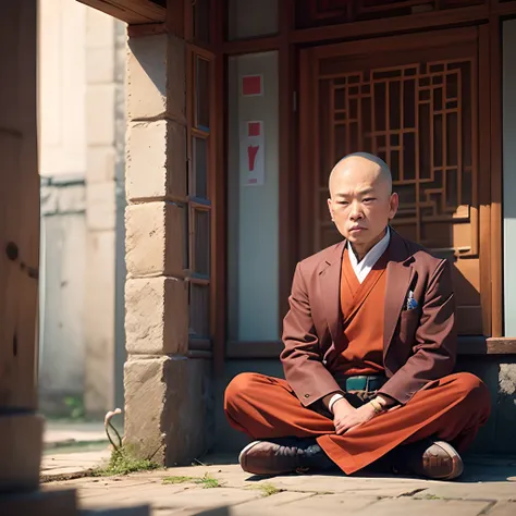 1 Chinese monk sitting in meditation, Wear a tie jacket, skinhead --auto --s2