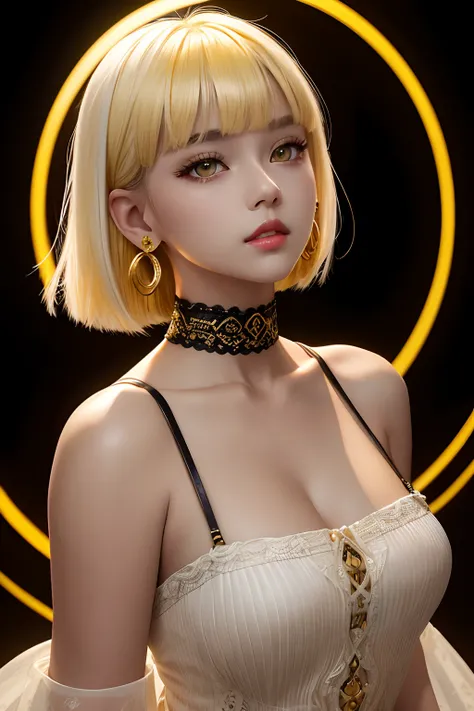 mksks style, 1girl, Cute, surrounded by yellow backlight, intricate golden eyes, white colored hair, Black background, macro shot, Without a smile, Masterpiece, Ultra Detailed, plump lips, earrings rings, scarlet lips, short hair, straight bangs, open shou...