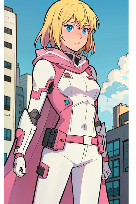 solo, 1girl, (masterpiece), ((16 year old appearance)), blonde hair, medium hair, blue eyes, anime girl, pink super hero uniform...