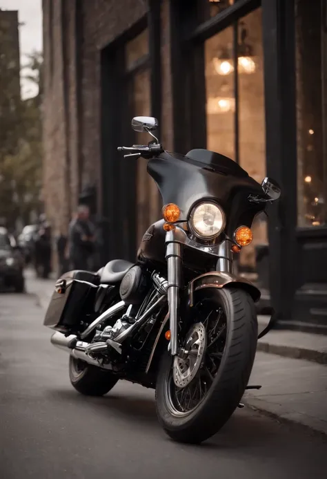 Detailed raw HD photo medium-distance photo (Harley Davidson) , showroom, parked in a parcade (darkly lit, dimly lit, discreet) grunge , menacing urban environment, metal tubes, concreating, decay, micro-details, hyperdetailed, raytracing, realism, crystal...