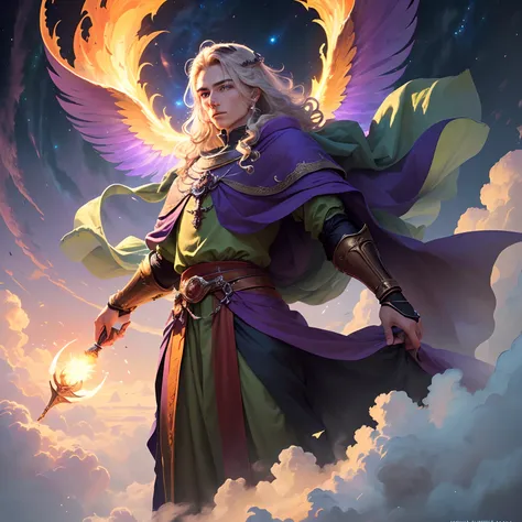 A whatsapp groups profile image in the Middle Ages of a god hovering in the sky, wise hair, green eyes, a scar over the eye, the background, purple clouds and a green flash