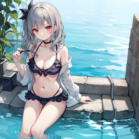 Wavy Gray Hair、red eyes、Beautiful girl alone、Bikini with ruffles、gravure、sitting on、swimming pools