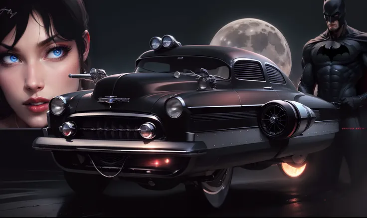 Um carro hover preto brilhante Chevy 50 powerful no primeiro plano, behind there is a beautiful woman with blue eyes and red lips and on the other side the male Batman and in the background a full moon with the sky with starry night