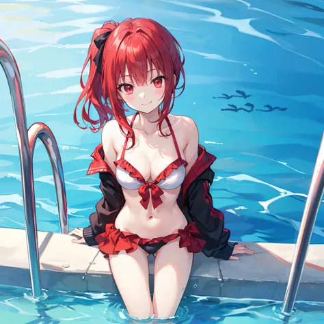 Red hair、poneyTail、red eyes、Beautiful girl alone、The bikini、sitting on、gravure、swimming pools、A smile